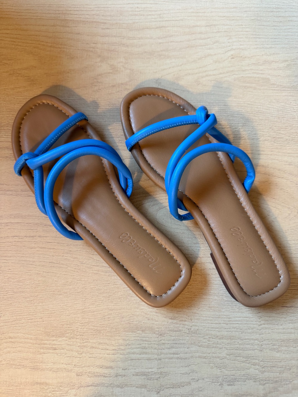 Madewell Tan Slide Sandals with Bright Blue Straps